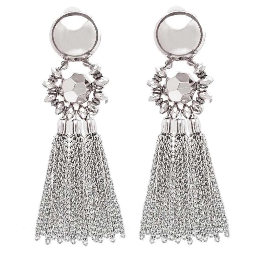 Long Silver Boho Dangle Chain Tassel Chandelier Statement Clip On Earrings